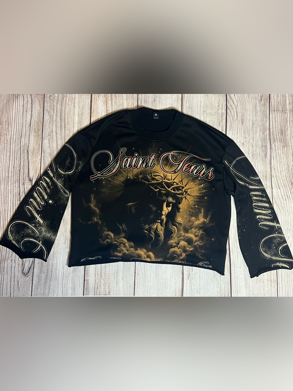 Romwe Saint Tears Black Graphic Long-Sleeve cropped Shirt Sz Small